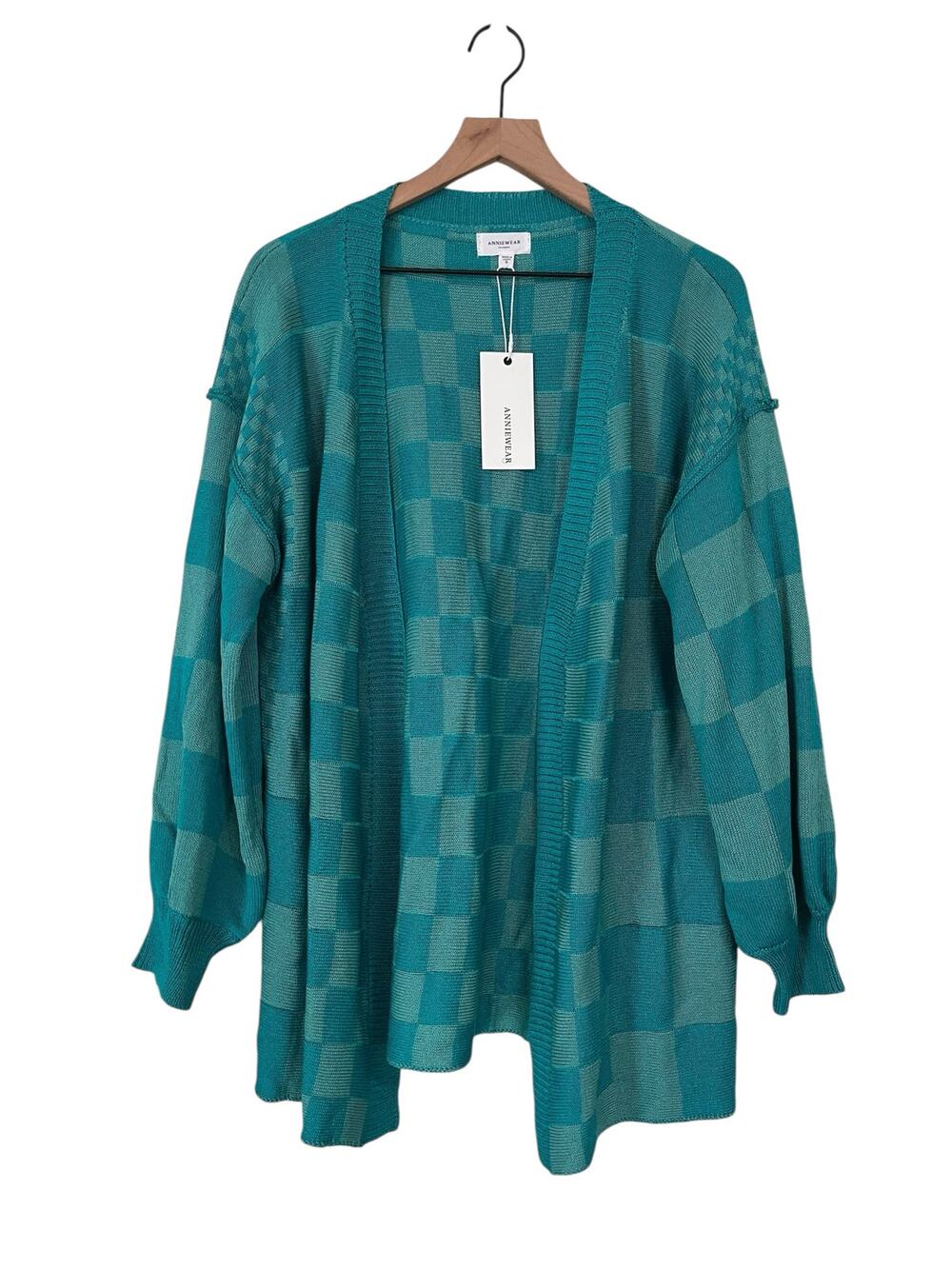 ANNIEWEAR Los Angeles Green Blue Teal Checkered Open Cardigan Boxy Size Small
